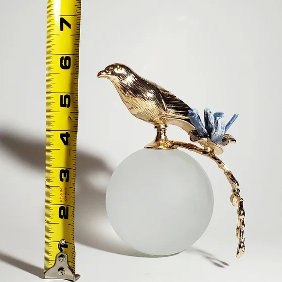 Modern Minimalist Art Glass Sculpture with Gold Tone Bird  & Quartz Gemstones - Picture 7 of 11